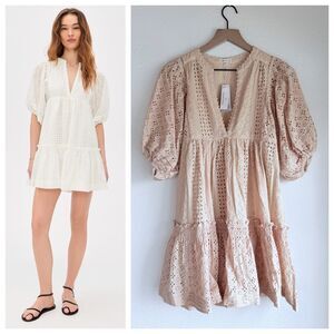 NWT Poupette St Barth Aria Mini Dress Cream Beige Eyelet Boho Resort S/M